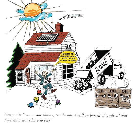 Cartoon drawing: solar panels on house